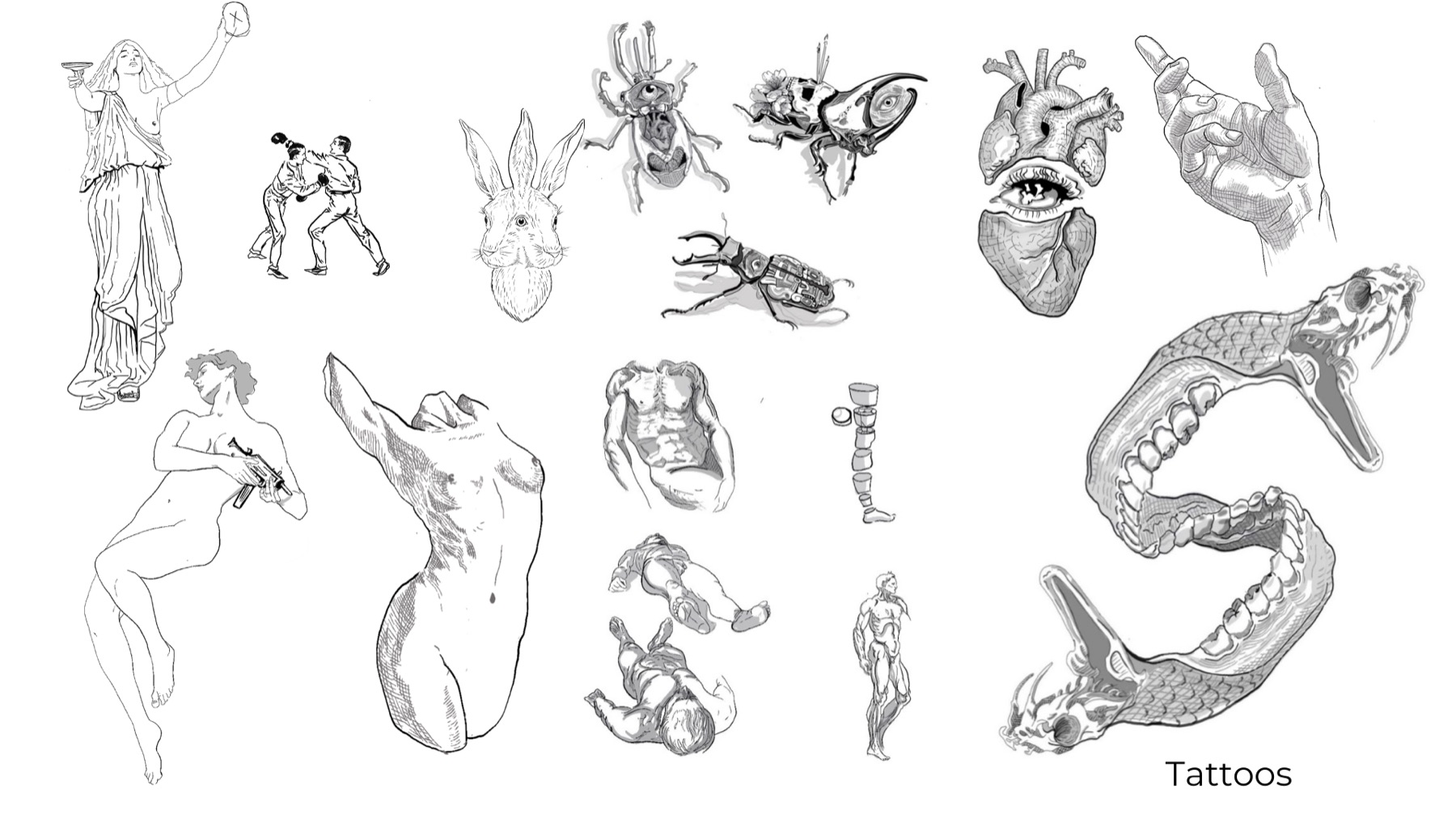 Hoja de diseños flash: figuras, insectos, corazón y serpientes